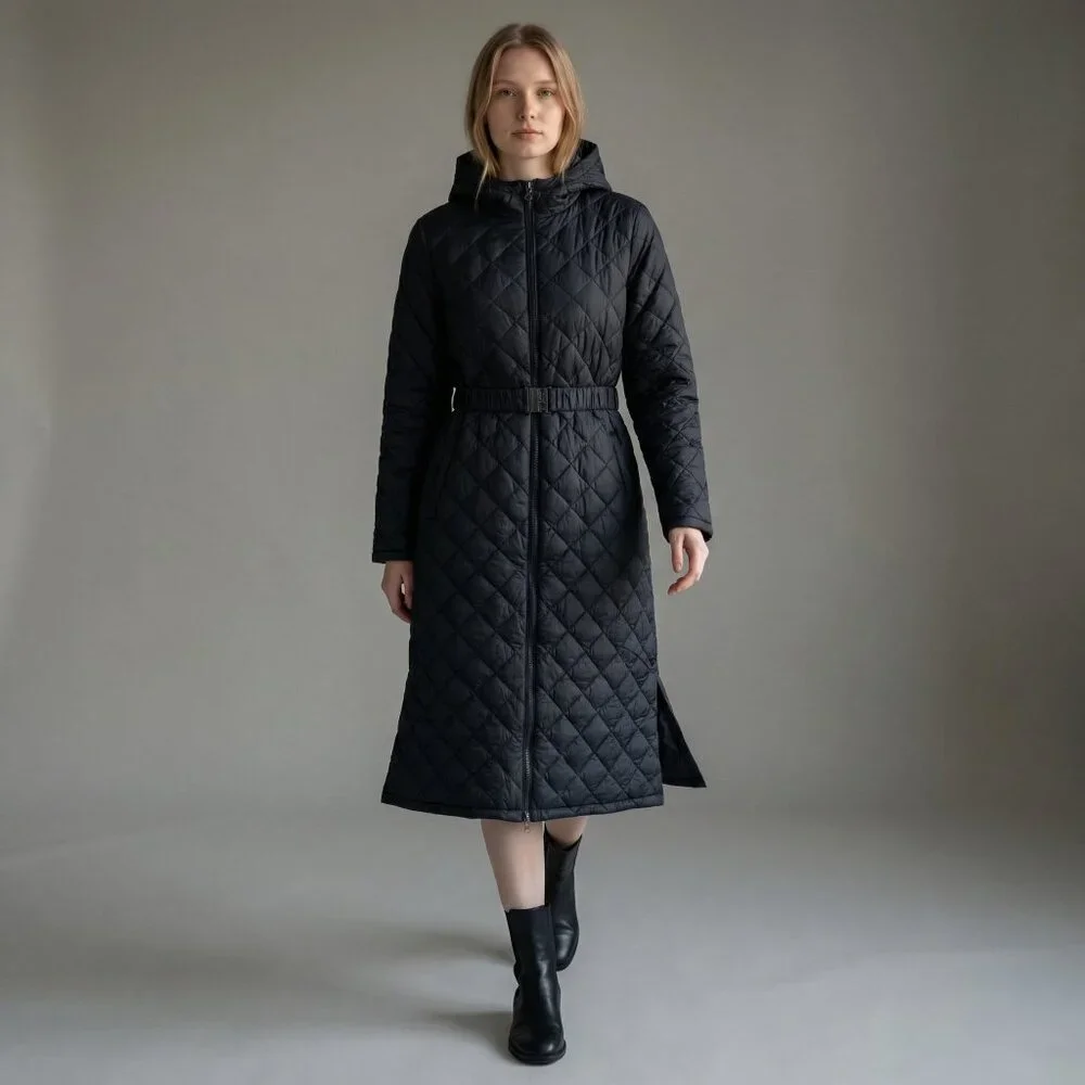 Puffer Quilted Buckle Long Coat Belted Preppy Lightweight Fifted Womens M Black